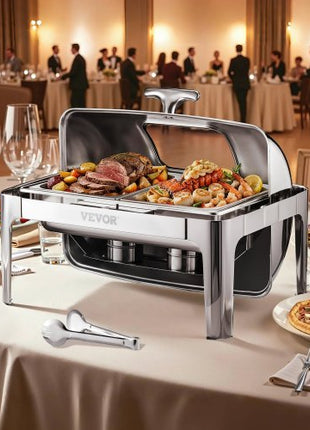 Roll Top Chafing Dish Buffet Complete Set, 9 Qt 1 Pack Stainless Steel Chafer with 2 Half Size Pans, Rectangle Catering Warmer Server with Visible Lid Water Pan Folding Stand Fuel Holder, Silver