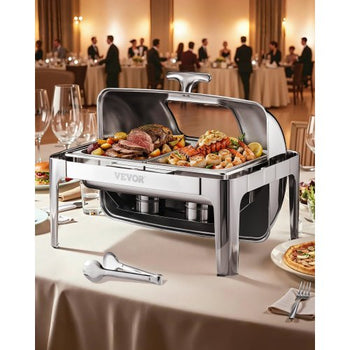 Roll Top Chafing Dish Buffet Complete Set, 9 Qt 1 Pack Stainless Steel Chafer with 2 Half Size Pans, Rectangle Catering Warmer Server with Visible Lid Water Pan Folding Stand Fuel Holder, Silver