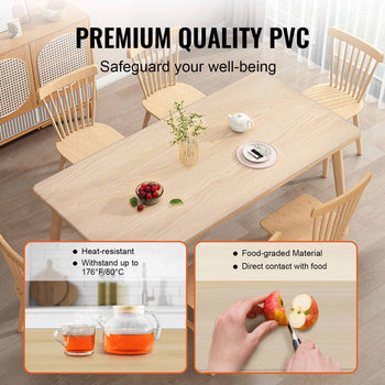 Light wood dining table with heat-resistant premium PVC, ideal for food contact, featuring six wooden chairs.