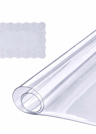 Clear PVC table protector roll with elegant white lace design placemat, perfect for stylish home decor and protection.