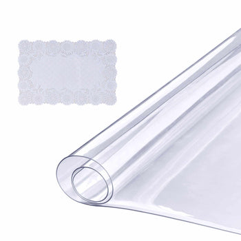 Clear PVC table protector roll with elegant white lace design placemat, perfect for stylish home decor and protection.