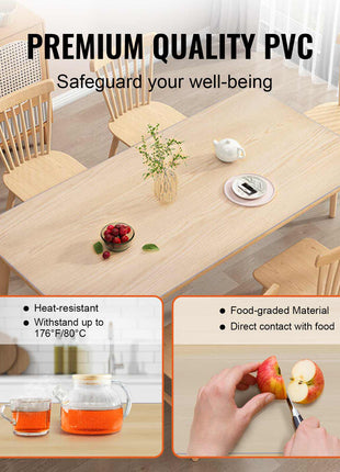 Light wood dining table with PVC surface, heat-resistant, food-grade material, perfect for modern homes and family gatherings.