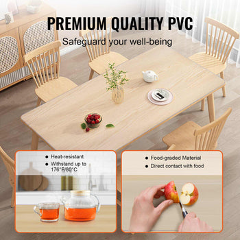 Light wood dining table with PVC surface, heat-resistant, food-grade material, perfect for modern homes and family gatherings.