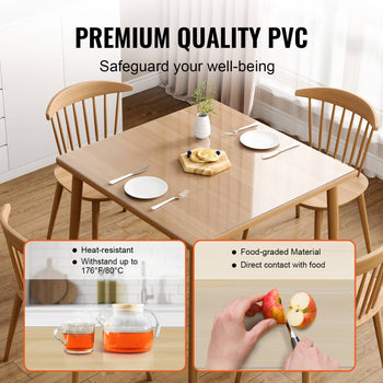 Clear premium PVC table protector, heat-resistant, fits rectangular tables, perfect for safeguarding surfaces.
