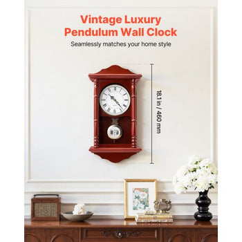 Grandfather Clock, 18 in Classic Vintage Pendulum Clock, Pine Wood & MDF Wall Clocks with Quartz Movement and Quiet Design, for Living Room, Bedroom, Home Decor, and Gift (Cherry Tone Finish)