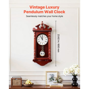 Grandfather Clock, 23.2 in Classic Vintage Pendulum Clock, Pine Wood & MDF Wall Clocks with Quartz Movement and Quiet Design, for Living Room, Bedroom, Home Decor & Gift (Cherry Tone Finish)