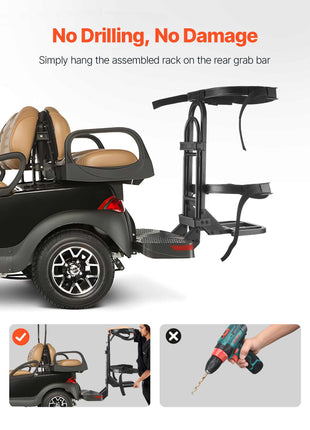 Golf Cart Rear Seat Bag Holder, 27.1 x 15.6 x 29.7 inch, Compatible with Most Golf Carts with Rear Seat Grab Bar, Space-Saving Carbon Steel Bag Holder Bracket, No-Drilling Installation, Black