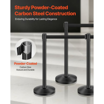 Stanchion Post, 6 Pcs Stanchions with Retractable Belts, Carbon Steel Black Stanchions Queue with Sand Injection Hollow Base, Crowd Control Barriers for Theaters, Parties, Weddings, Exhibitions