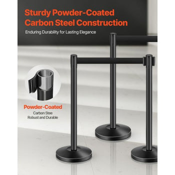 Stanchion Post, 4 Pcs Stanchions with Retractable Belts, Carbon Steel Black Stanchions Queue with Sand Injection Hollow Base, Crowd Control Barriers for Theaters, Parties, Weddings, Exhibitions