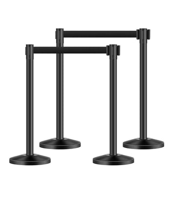 Stanchion Post, 4 Pcs Stanchions with Retractable Belts, Carbon Steel Black Stanchions Queue with Sand Injection Hollow Base, Crowd Control Barriers for Theaters, Parties, Weddings, Exhibitions