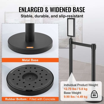 Crowd Control Stanchions, 6-Pack Crowd Control Barriers, Carbon Steel Baking Painted Stanchion Queue Post with Sign Holder & 3PCS 6.5FT Retractable Belt, Belt Barrier Line Divider, Easy Assembly