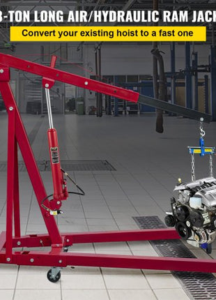 Hydraulic/Pneumatic Long Ram Jack, 8 Tons/17363 lbs Capacity, with Single Piston Pump and Clevis Base, Manual Cherry Picker with Handle, for Garage/Shop Cranes, Engine Lift Hoist, Red