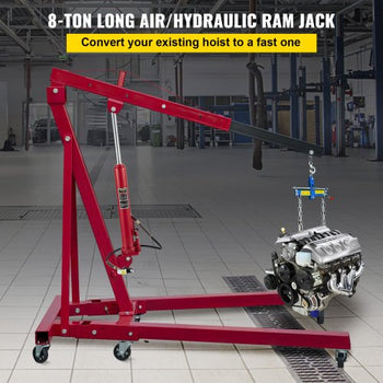 Hydraulic/Pneumatic Long Ram Jack, 8 Tons/17363 lbs Capacity, with Single Piston Pump and Clevis Base, Manual Cherry Picker with Handle, for Garage/Shop Cranes, Engine Lift Hoist, Red