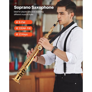 Straight Soprano Saxophone, B Flat, Brass Saxophone Beginner Kit with Carrying Case, Mouthpiece, Cleaning Cloth Rod, Gloves, Neck Strap, 23 Keys Soprano Sax Kit, for Beginners Students, Gold
