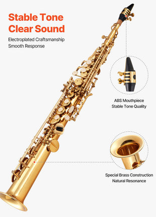 Straight Soprano Saxophone, B Flat, Brass Saxophone Beginner Kit with Carrying Case, Mouthpiece, Cleaning Cloth Rod, Gloves, Neck Strap, 23 Keys Soprano Sax Kit, for Beginners Students, Gold