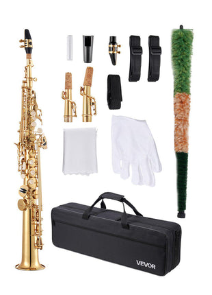Straight Soprano Saxophone, B Flat, Brass Saxophone Beginner Kit with Carrying Case, Mouthpiece, Cleaning Cloth Rod, Gloves, Neck Strap, 23 Keys Soprano Sax Kit, for Beginners Students, Gold