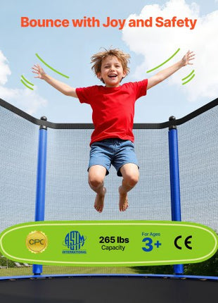 Outdoor Trampoline, 8FT Round Recreational Trampoline with Enclosure Net, ASTM Approved, Heavy Duty Trampolines, Max 265 lbs Weight Capacity, Anti-Rust Backyard Trampolines for Kids & Adults