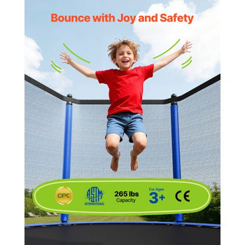 Outdoor Trampoline, 8FT Round Recreational Trampoline with Enclosure Net, ASTM Approved, Heavy Duty Trampolines, Max 265 lbs Weight Capacity, Anti-Rust Backyard Trampolines for Kids & Adults