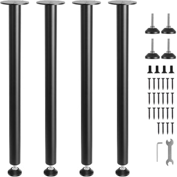 Set of 4 black metal table legs with adjustable feet, screws and wrench included for DIY furniture projects.