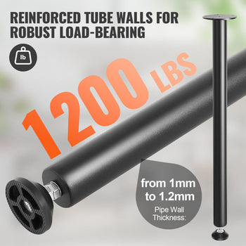 Black reinforced metal support tube for heavy-duty load-bearing, capable of supporting 1200 lbs, with 1-1.2mm thickness.