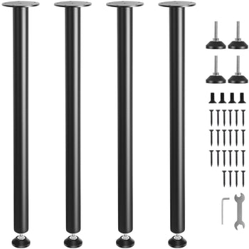 Black metal table legs set of four with adjustable feet and screws, ideal for DIY furniture projects.