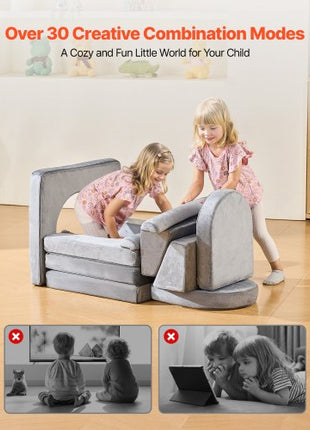 Modular Kids Play Couch, Sectional Toddler Sofa with Armrests, 28D Sponge & Short Pile, Convertible Kids Modular Couch DIY Creative Combination for Playroom, Bedroom, Living Room, 10 Pcs, Gray