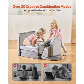 Modular Kids Play Couch, Sectional Toddler Sofa with Armrests, 28D Sponge & Short Pile, Convertible Kids Modular Couch DIY Creative Combination for Playroom, Bedroom, Living Room, 10 Pcs, Gray