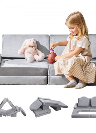 Modular Kids Play Couch, Sectional Toddler Sofa with Armrests, 28D Sponge & Short Pile, Convertible Kids Modular Couch DIY Creative Combination for Playroom, Bedroom, Living Room, 10 Pcs, Gray