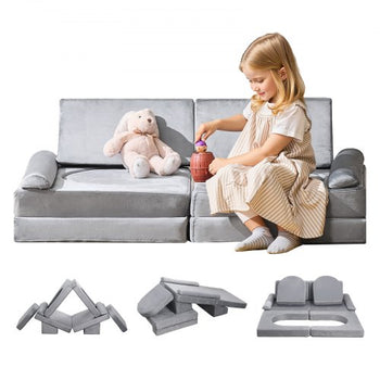 Modular Kids Play Couch, Sectional Toddler Sofa with Armrests, 28D Sponge & Short Pile, Convertible Kids Modular Couch DIY Creative Combination for Playroom, Bedroom, Living Room, 10 Pcs, Gray