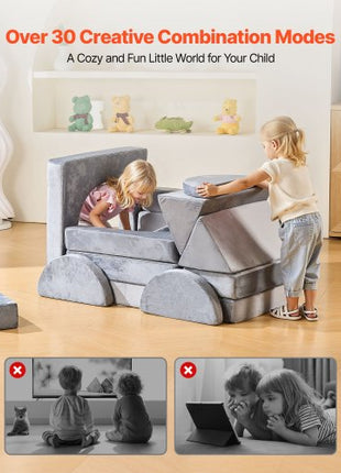 Modular Kids Play Couch, Sectional Toddler Sofa with Armrests, 28D Sponge & Short Pile, Convertible Kids Modular Couch DIY Creative Combination for Playroom, Bedroom, Living Room, 14 Pcs, Gray