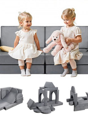 Modular Kids Play Couch, Sectional Toddler Sofa with Armrests, 28D Sponge & Short Pile, Convertible Kids Modular Couch DIY Creative Combination for Playroom, Bedroom, Living Room, 14 Pcs, Gray