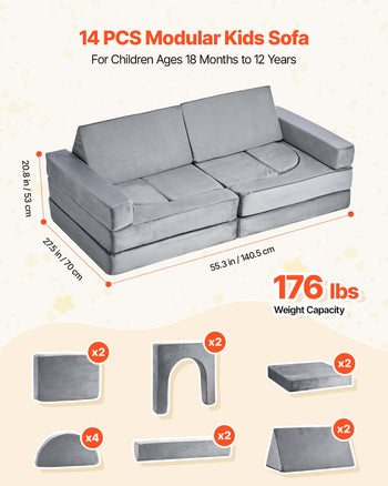 Modular Kids Play Couch, Sectional Toddler Sofa with Armrests, 28D Sponge & Short Pile, Convertible Kids Modular Couch DIY Creative Combination for Playroom, Bedroom, Living Room, 14 Pcs, Gray