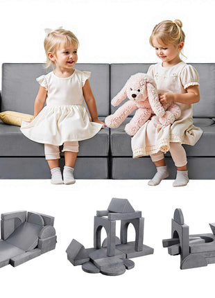 Modular Kids Play Couch, Sectional Toddler Sofa with Armrests, 28D Sponge & Short Pile, Convertible Kids Modular Couch DIY Creative Combination for Playroom, Bedroom, Living Room, 14 Pcs, Gray
