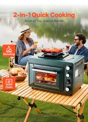 Outdoor Oven, 2-in-1 Portable Gas Camping Stove Oven Combo, Adjustable Fire, 60-Minute Timer, Windproof, with Grill Shelf and Roasting Tray, for Camping Gear Backyard Picnic Outdoor Cooking