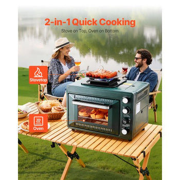 Outdoor Oven, 2-in-1 Portable Gas Camping Stove Oven Combo, Adjustable Fire, 60-Minute Timer, Windproof, with Grill Shelf and Roasting Tray, for Camping Gear Backyard Picnic Outdoor Cooking