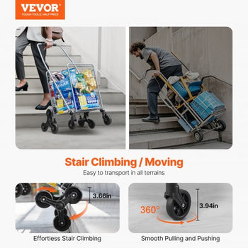 Grocery Shopping Cart, 45L Stair Climbing Shopping Cart with 360° Rolling Swivel Wheels, Stair Climber Utility Cart with Tri-Wheels, Foldable Collapsible & Lightweight for Laundry Travel, Silver