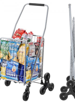 Grocery Shopping Cart, 45L Stair Climbing Shopping Cart with 360° Rolling Swivel Wheels, Stair Climber Utility Cart with Tri-Wheels, Foldable Collapsible & Lightweight for Laundry Travel, Silver