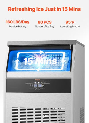160lbs/24H Commercial Ice Maker Machine, 66lbs Storage Capacity Ice Maker with Drain Pump, 80 Ice Cubes in 15 Minutes, LED Digital Display Freestanding Self-Cleaning for Bar Office Restaurant