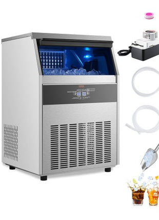 160lbs/24H Commercial Ice Maker Machine, 66lbs Storage Capacity Ice Maker with Drain Pump, 80 Ice Cubes in 15 Minutes, LED Digital Display Freestanding Self-Cleaning for Bar Office Restaurant