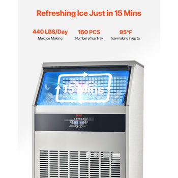 440lbs/24H Commercial Ice Maker Machine, 130lbs Storage Capacity Ice Maker with Drain Pump, 160 Ice Cubes in 15 Minutes, LED Digital Display Freestanding Self-Cleaning for Bar Office Restaurant