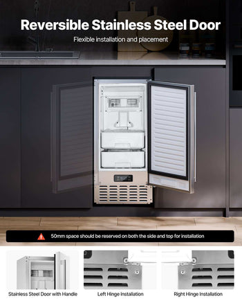 Undercounter Built-in Ice Maker, 66 Lbs/Day Under Counter Nugget Ice Maker Machine with Reversible Door Stainless Steel, Freestanding Ice Maker for Commercial Home Kitchen, Electric Drainage