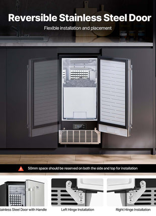 Undercounter Built-in Ice Maker, 80 Lbs/Day Under Counter Ice Maker Machine with Reversible Door Stainless Steel, Freestanding Ice Maker for Commercial Home Kitchen, Electric Drainage