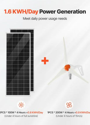 12V 400W Solar Wind Power Kit, 2PCS 100W Monocrystalline Solar Panels + 200W Wind Turbine + MPPT Wind/Solar Hybrid System Controller for Home RV Boat Camping Off-Grid Applications