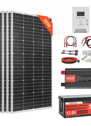 800W 12V Complete Solar Power Kit, 4*200W Monocrystalline Solar Panels + 12.8V 300Ah LiFePO₄ Battery + 60A MPPT Charge Controller + 2000W Power Inverter for Home, Small Farm, Cabin, Off-Grid