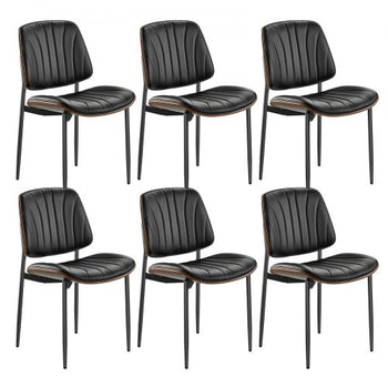 Modern Dining Room Accent Chairs Set of 6, Upholstered Leather Side Chair for Dining Tables, Space-Saving Kitchen Table Chair with Thick Cushions and Metal Legs, Black