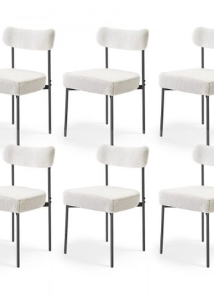 Boucle Dining Chairs Set of 6, Mid Century Modern Sherpa Accent Chairs, Upholstered Side Chair for Dining Table, Space-Saving White Kitchen Table Chair with Curved Backrest and Black Metal Legs