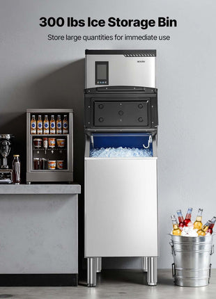 Commercial Ice Maker Machine, 300LBS/24H Ice-Making Machine with 300LBS Stainless Steel Storage Bin, Auto Self-Cleaning Ice Maker with Touchscreen for Bar Cafe Restaurant Business Commercial