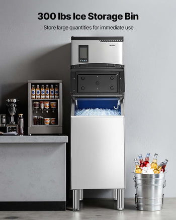Commercial Ice Maker Machine, 300LBS/24H Ice-Making Machine with 300LBS Stainless Steel Storage Bin, Auto Self-Cleaning Ice Maker with Touchscreen for Bar Cafe Restaurant Business Commercial