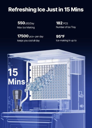 Commercial Ice Maker Machine, 550LBS/24H Ice-Making Machine with 300LBS Stainless Steel Storage Bin, Auto Self-Cleaning Ice Maker with Touchscreen for Bar Cafe Restaurant Business Commercial
