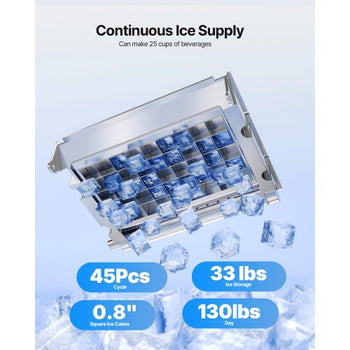 Commercial Ice Maker Machine with Pump, 130Lbs/24H with 33Lbs Storage, 45 Cubes per Cycle, Freestanding & Under Counter Ice Maker with LED Display & Self-Cleaning, for Home Bar Restaurant